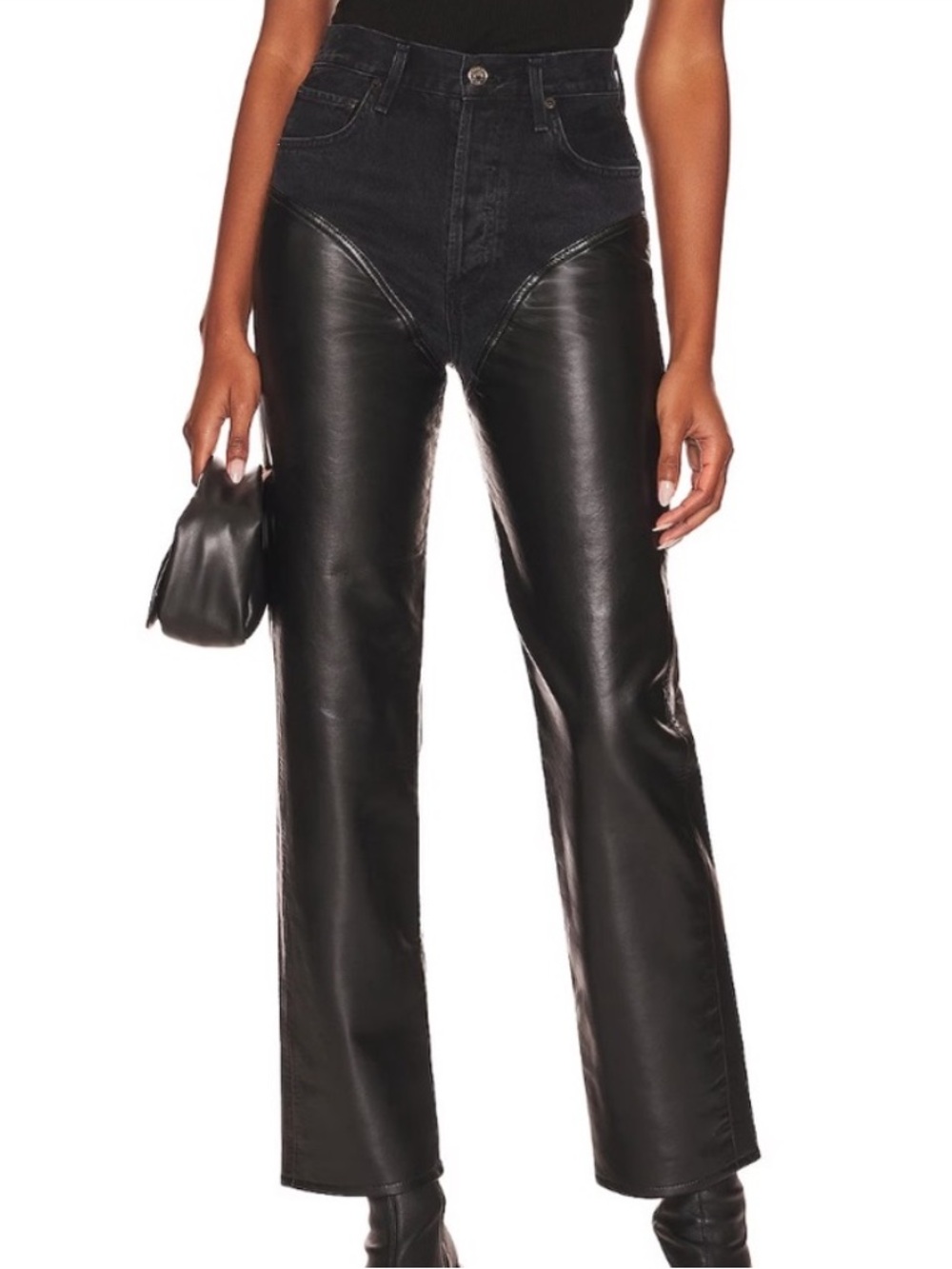 Agolde Harley Denim And Leather Panel High Rise Straight Leg Jeans Black Size 31